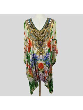 Shahida Parides Short Kaftan Dress OS Floral Beaded Sequin Vegan Silk Luxury